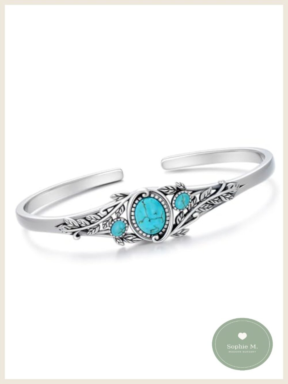 Sterling Silver Turquoise Leaf Bracelet Adjustable Cuff Bangle Boho Jewelry